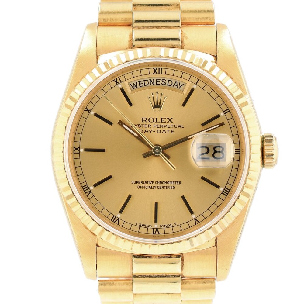 Rolex Day-Date 18238 36mm Champagne Index Dial Fluted Bezel President Band